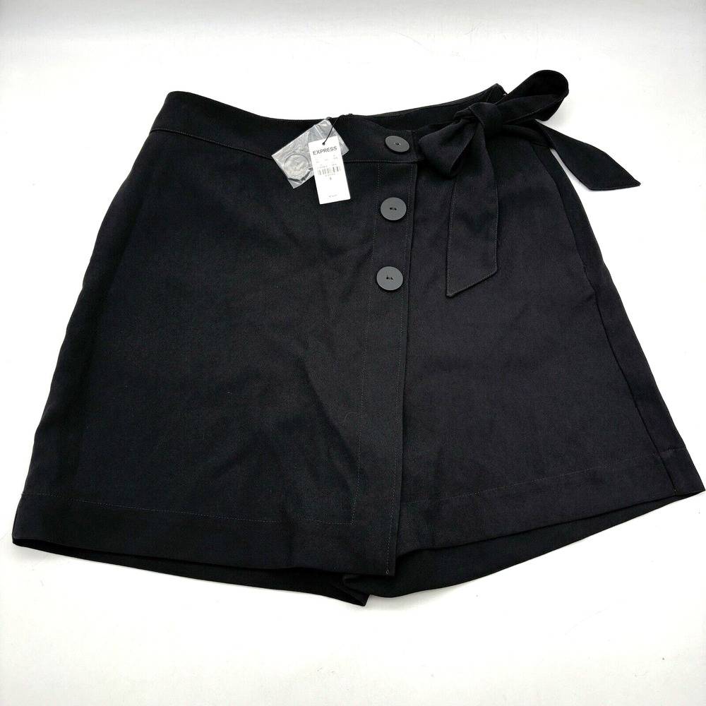 NWT Express Black Polyester High Rise Wrap Front Tie Side Mini Skort 8 28x4"